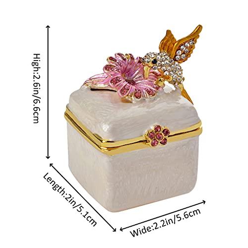FJ FENGZHIJIE Golden Crystal Enamel Bird & Flower Jewelry Box, Hand-Painted Hinged Trinket Box, Elegant Home Decor & Unique Gift for Women