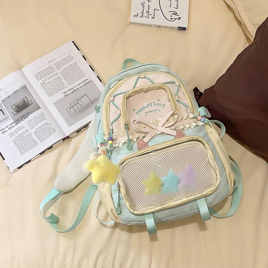 Women's Color Block College-Style Backpack with Ballet Ruffle Lace Design