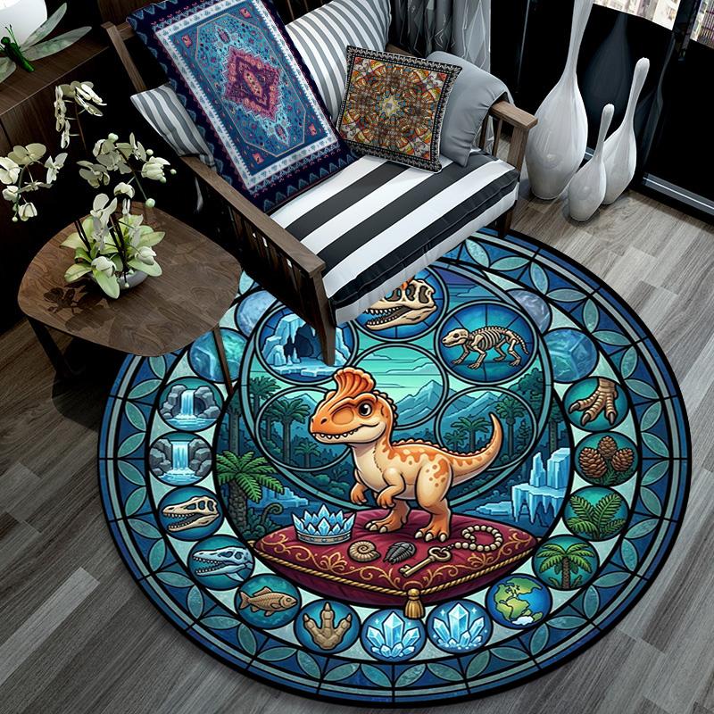 Dinosaur Kingdom Glass Round Area Rug Under Office Chairs Bedroom Living Room Home Decor 80cm x 80cm