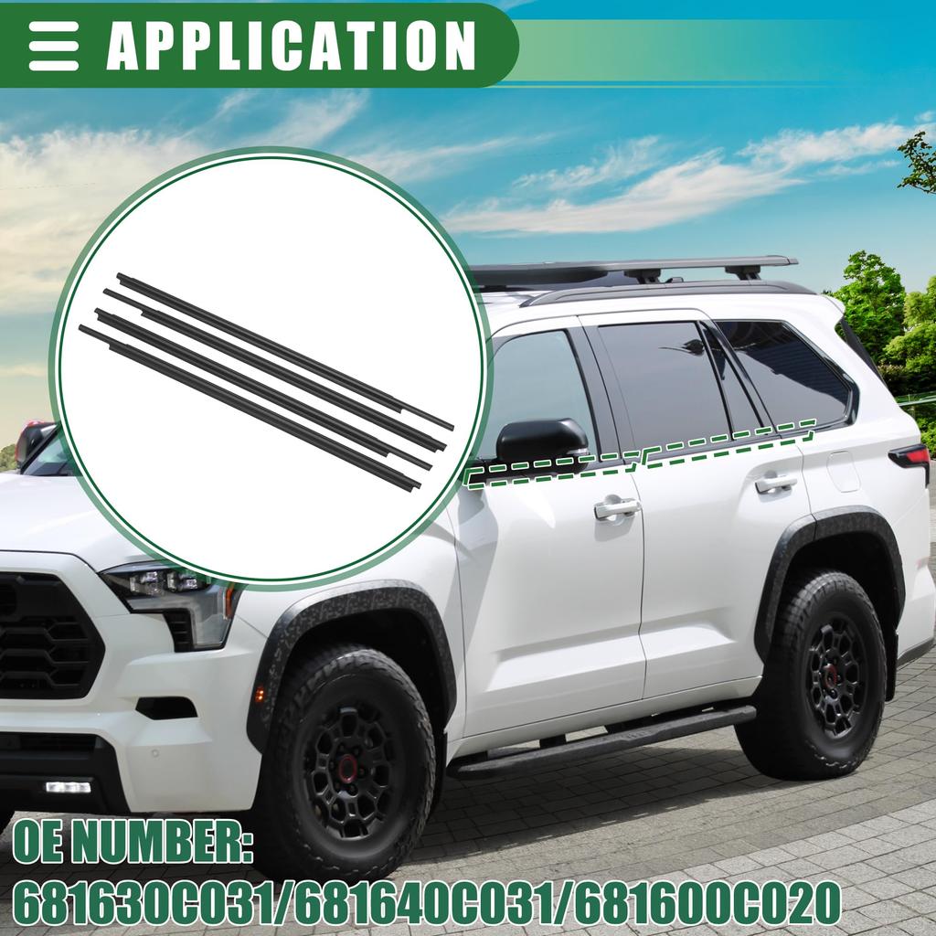 Motoforti Window Weatherstrip Trim Seal Belt for Toyota Sequoia Part Numbers Black 2008-2020, Rubber, 681630C031/681640C031,