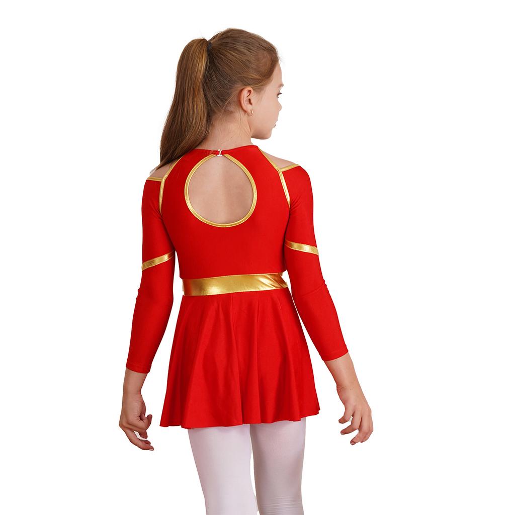 Complete Cheerleading Outfit for Girls: Contrast Color Long Sleeve Leotard Dress Featuring Cold Shoulder & Keyhole Back Detail