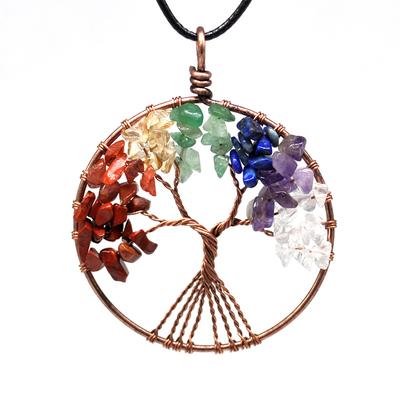 Natural Crystal Gravel Tree Of Life Necklace, Creative Ancient Copper Wire Pure Hand-Wound Necklace N137