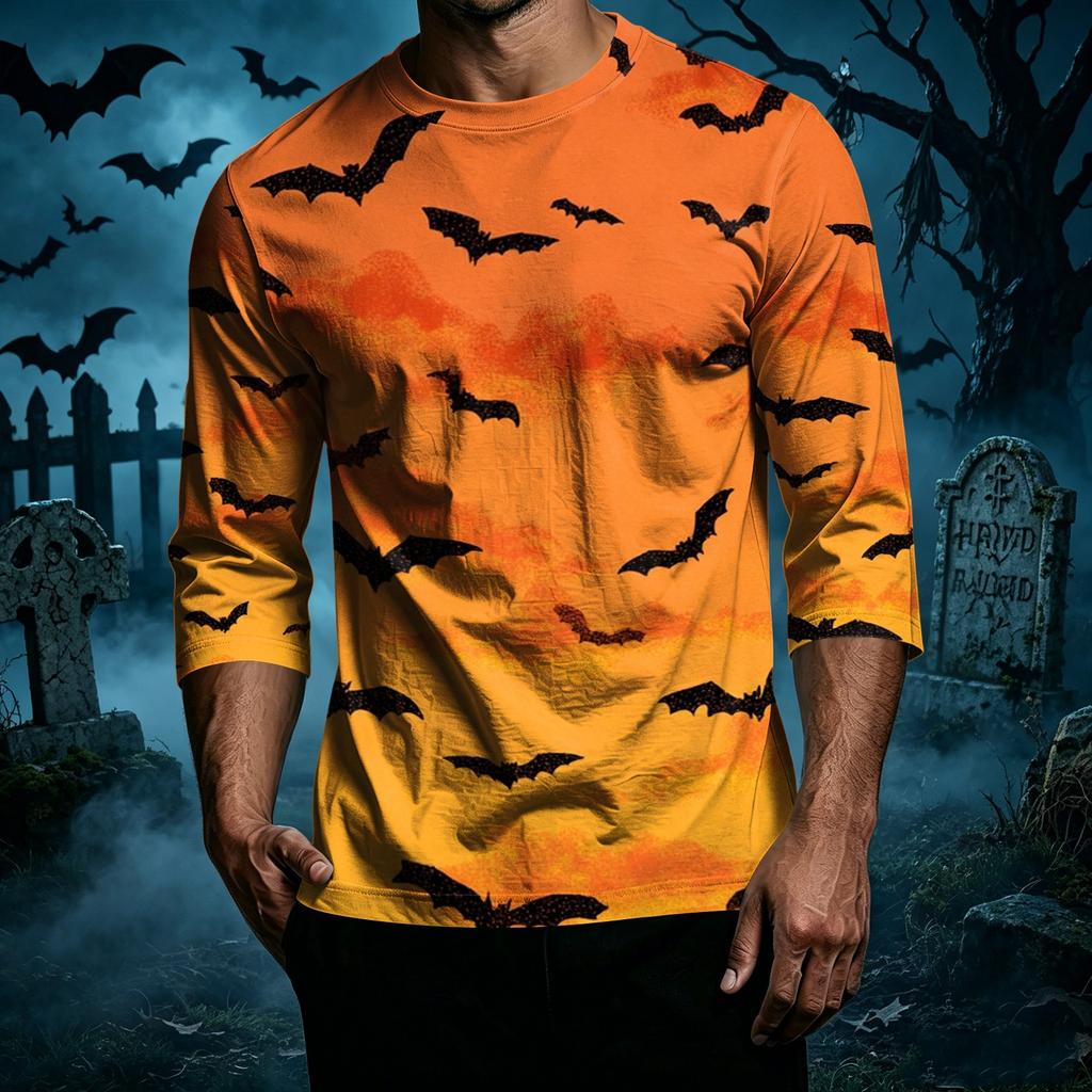 Men Casual Halloween Print Raglan Sleeve T Shirt Crew Neck Three Quarter Sleeve Top Comfortable Fit Lightweight Fabric