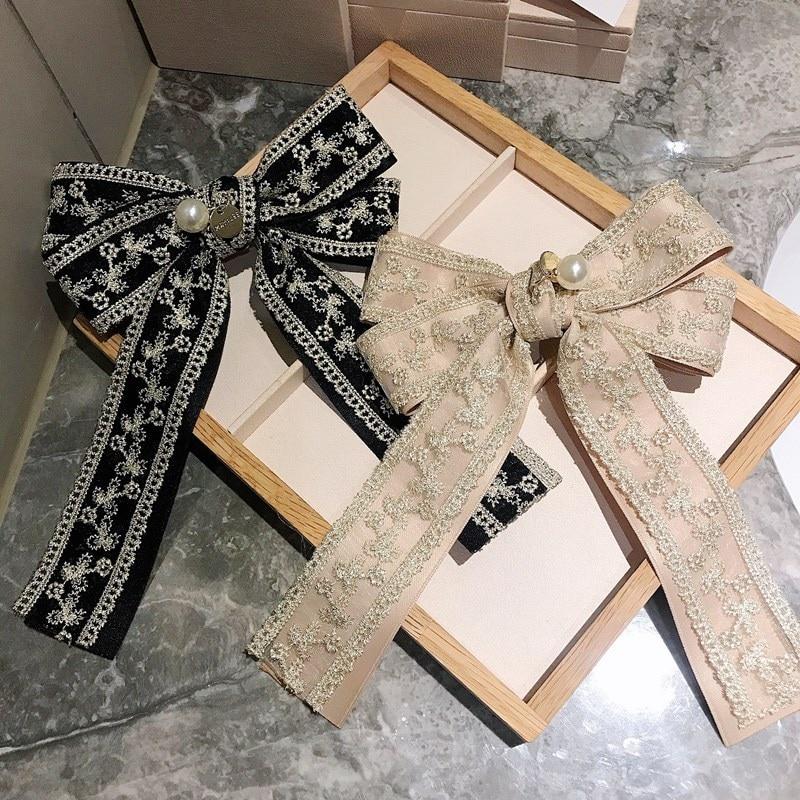 2 In 1 Women Vintage Big Bow Brooch Hairpin Lace Embroidery Necktie