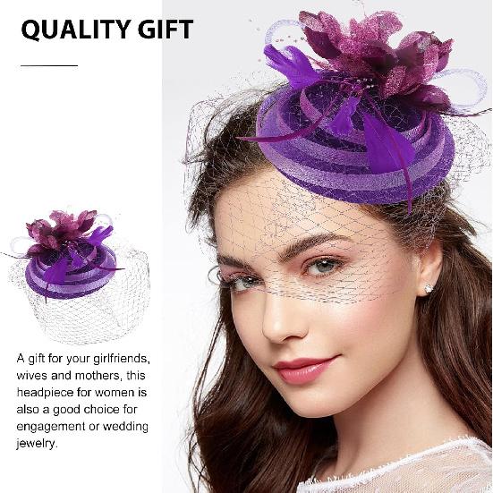 VALICLUD Bridal Hair Accessories Fascinator Headwear Vintage Purple Mesh Flower Mini Hat Wedding Headpiece for Women Special Occasion Banquet