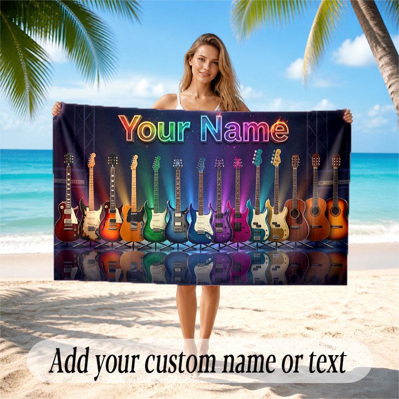 Music Guitar Theme Beach Towel Personalized Custom Name & Text Soft Quick Dry Beach Towel for Swimming Travel