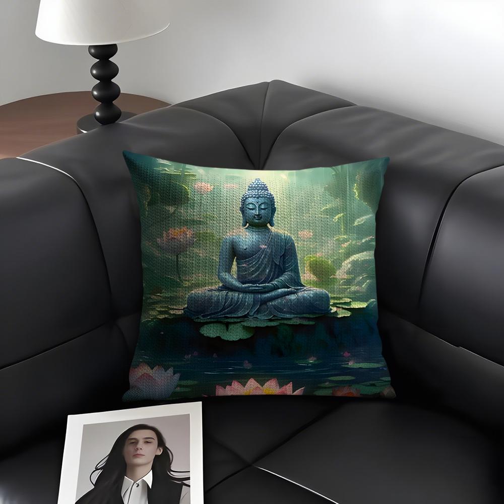 Buddha Statue And Lotus Cushion Cover Natural Linen Organic Fabric DoubleSided Printing Sofa Home Decor Gift Pillow Case