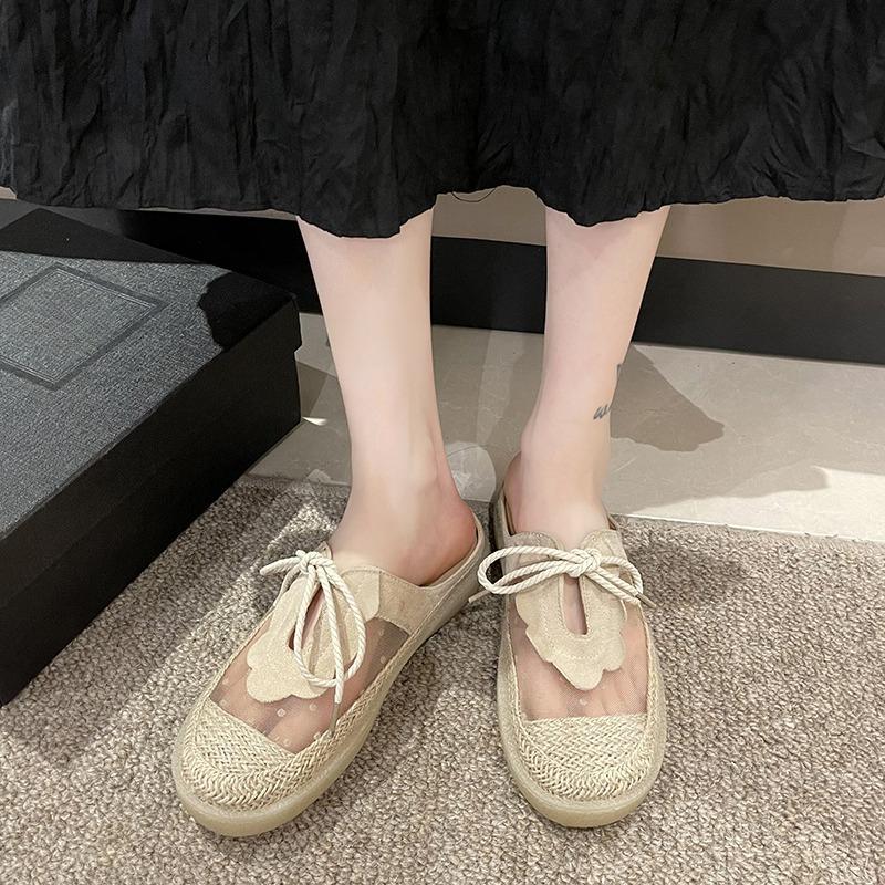 Fashion Fashion Mesh Wrapped Half Slippers Women's New Round Toe Shallow Mouth Splicing Front Lace-up Soft Sole Non-slip Flat Shoes