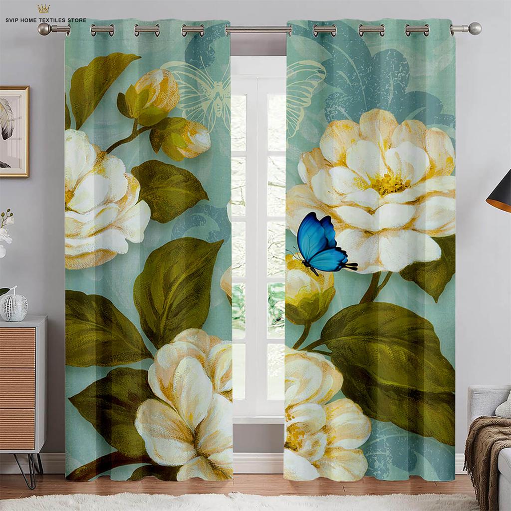 Butterfly Floral Watercolor Print Curtains, Decorative Curtains, Bedroom, Living Room, Study Room, Can Be Customized, 2 PCs