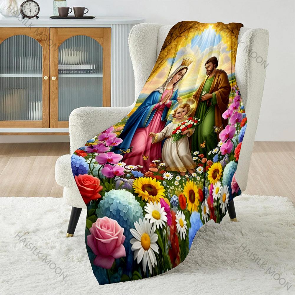 1PC Holy Family with Radiant Garden Print Believer Pray blanket Warm soft flannel material suitable for all seasons luxury gift