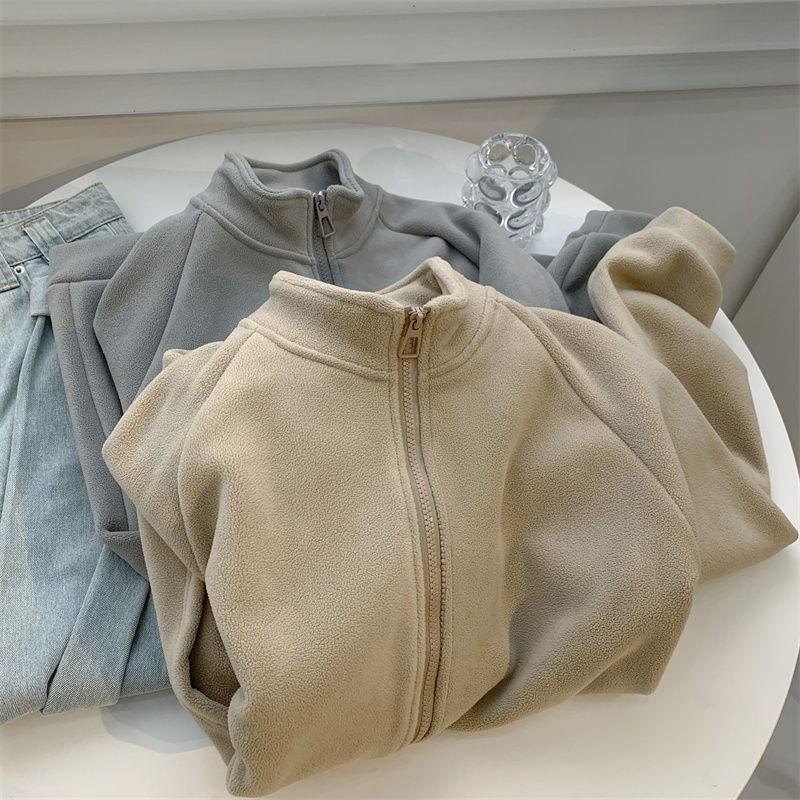 Double-sided warm clothes fleece zipper jacket cardigan women's winter solid color loose coat top women
