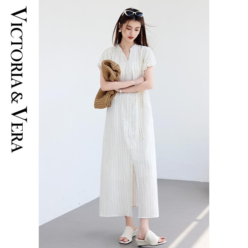 Summer 'Oxygen Girl' vertical striped dress with small V-neck strap, waist cinched, bubble sleeves, commuting date, slimming effect