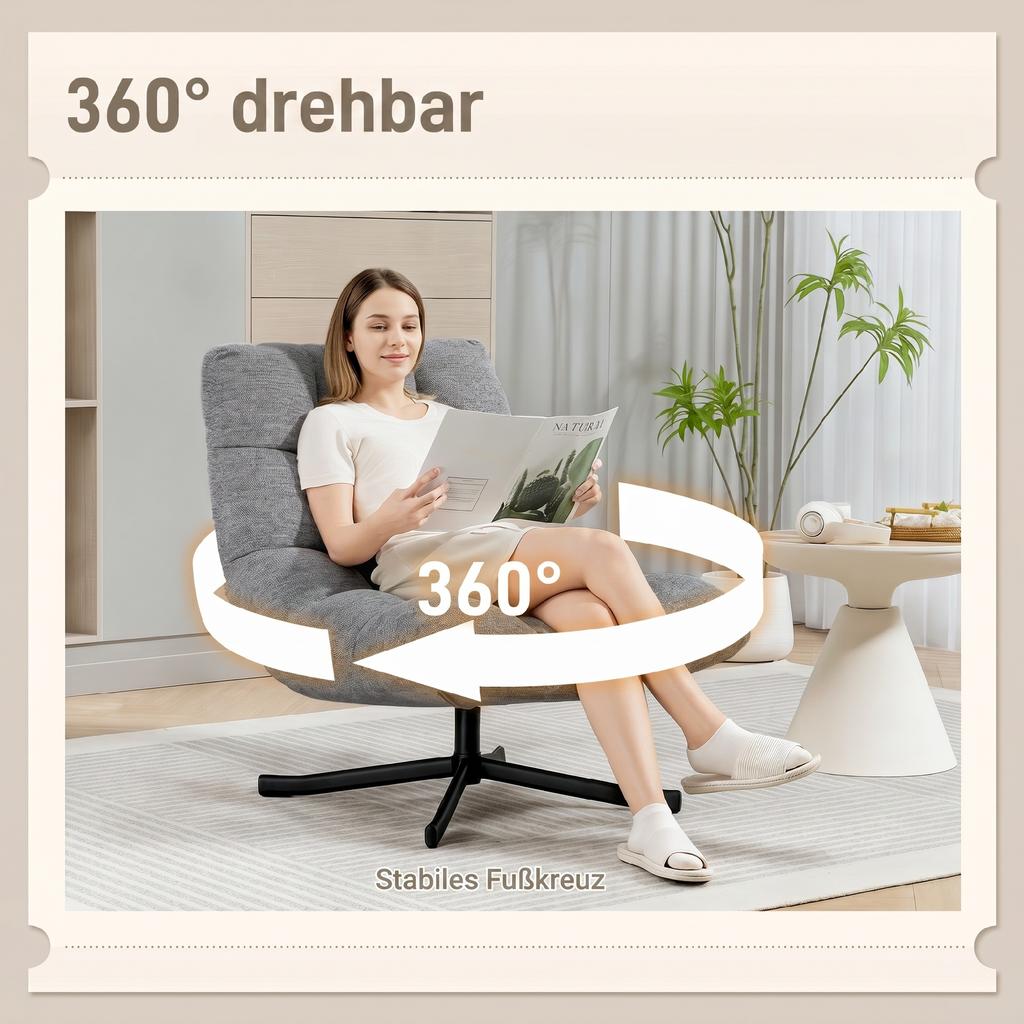 Armchair Swivel Lounge Chair with Wide Seat, Water-Repellent Chenille Look, Crossed Steel Legs, Gray