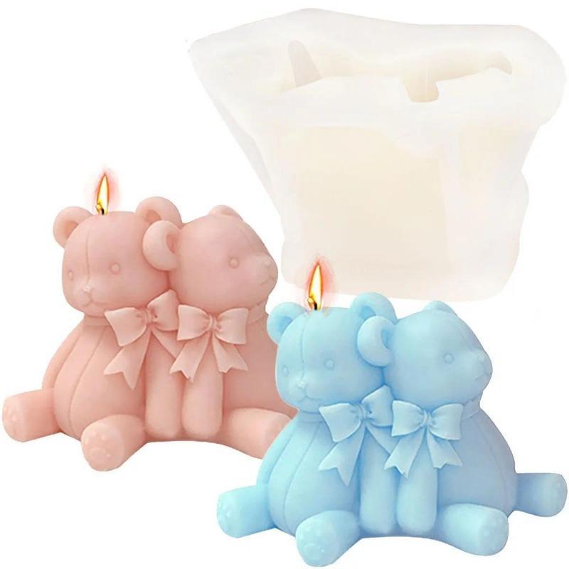 Back-to-back Lover Bear Candle Silicone Mold Bow Conjoined Bear Soap Resin Plaster Mold DIY Chocolate Cake Decor Making Set Gift