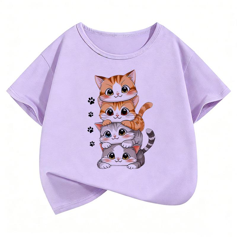 2026 Cat Kids Tshirts Summer Short Sleeve Tees Cartoon Animal Boys Girls Clothes Kawaii Kitten Tops Y2K Children T-shirt