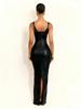 European & American Spicy Style Slim Low-Cut Leather Dress, Waist-Cinched, Hip-Hugging, U-Neck, Open-Back, Long, Sexy & Fashionable