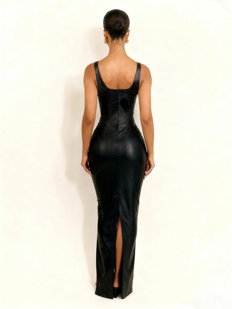 European & American Spicy Style Slim Low-Cut Leather Dress, Waist-Cinched, Hip-Hugging, U-Neck, Open-Back, Long, Sexy & Fashionable