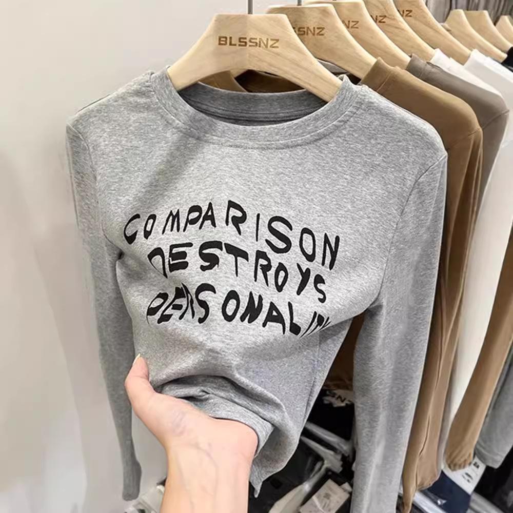 Ladies Autumn Fashion Long Sleeve Round Collar Slim Fit Basic Letter Printed Pullover T Shirt Top for Layering