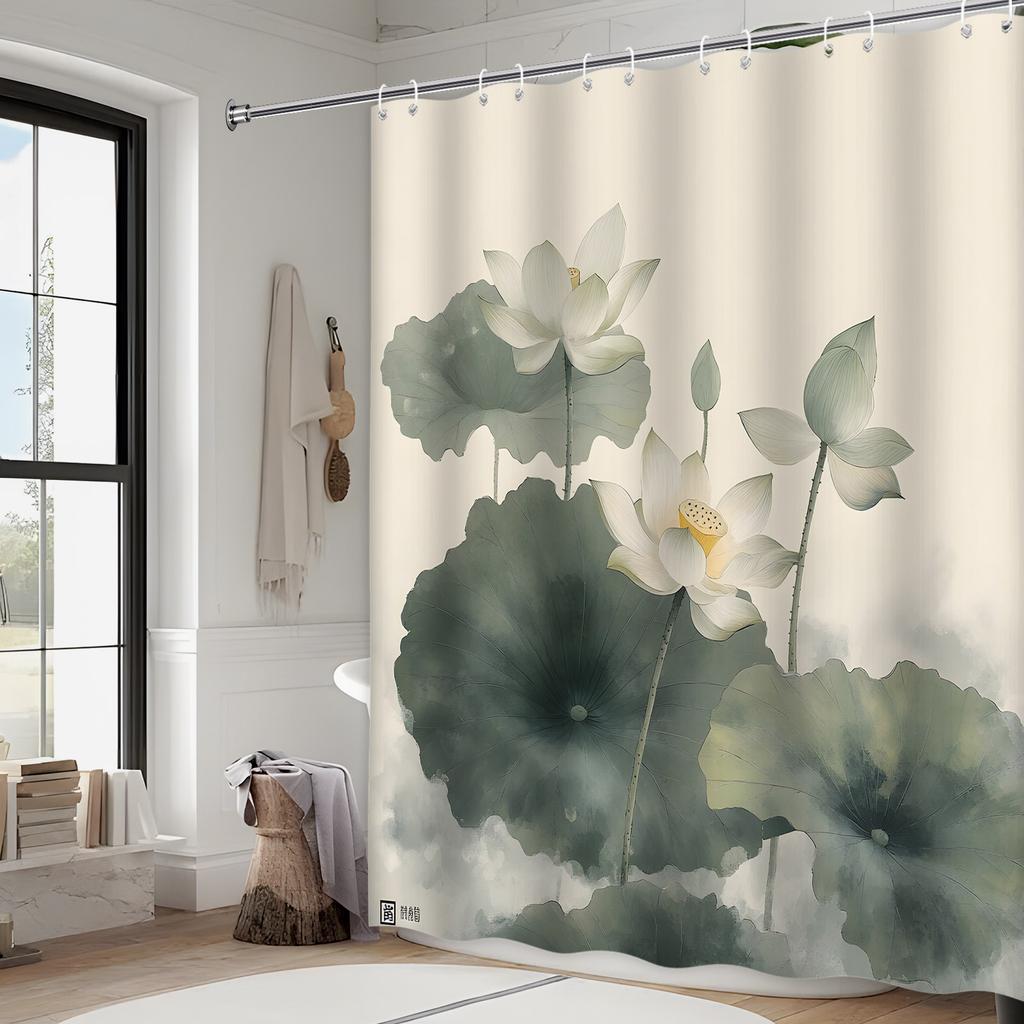 White Lotus Shower Curtain - Pale Yellow Centers, Soft Green Leaves, Tranquil Watercolor Style,Machine Washable