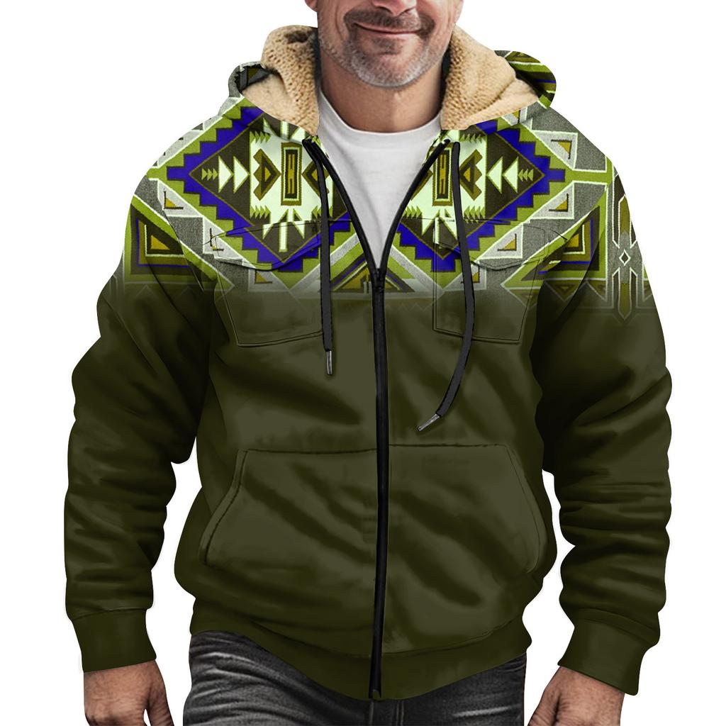 Vinter dragkedja för män med huva i fleecetröja med patchficka Casual jacka