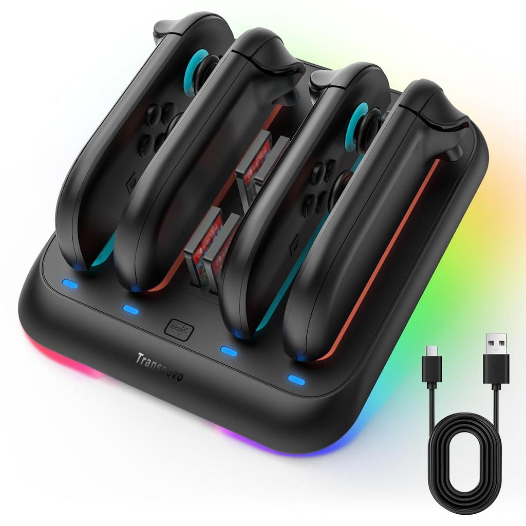 For TRANSNOVO Switch 2 Charging Stand for Nintendo Switch Fast Charger with Adjustable Slim Controller Holds 4 Game Features 9 RGB LED for Home and