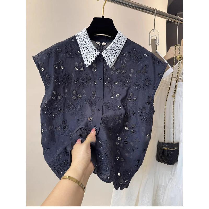 Korean Simple Blocking Hollow Out Crop Shirt Women Office Lady Lace Turn Down Collar Shirt Sleeveless Sweet S чёрный