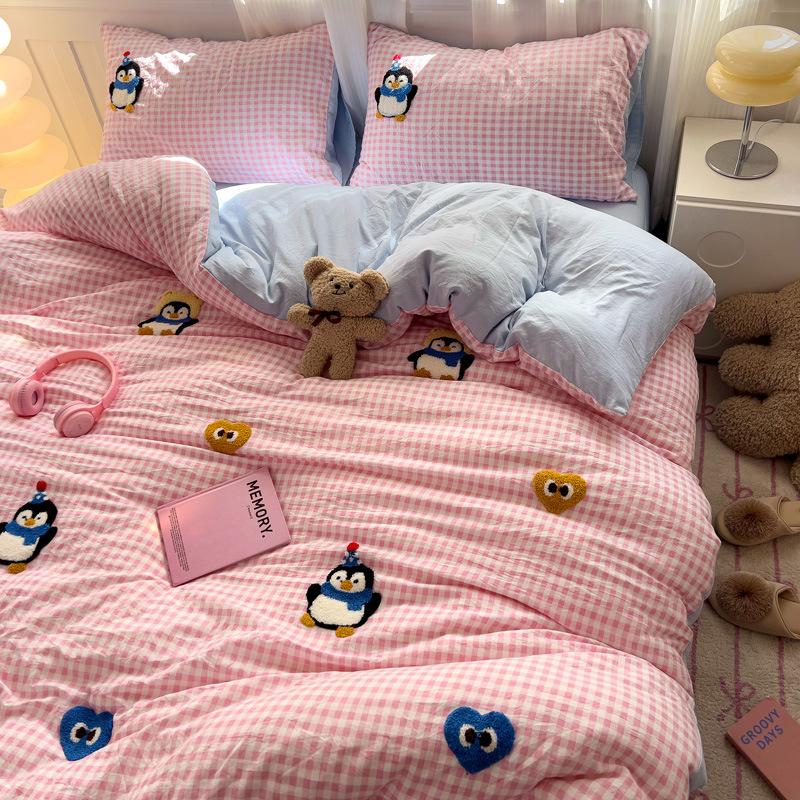 Applique Embroidery Ins Towel Embroidery Washed Cotton Four-piece Quilt Cover Bed Sheet Dormitory Three-piece Bedding Set Bed Sheet Quilt Cover