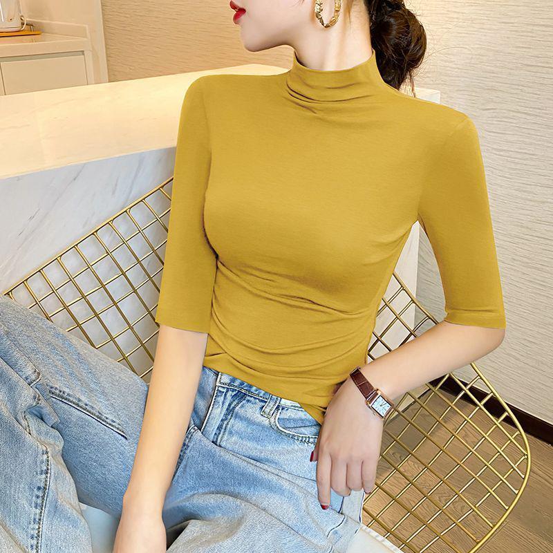 

Женская черная футболка из модала с полувысоким воротом и рукавами средней длины (Весна/Осень/Зима 2024) XL【114-124 jin】