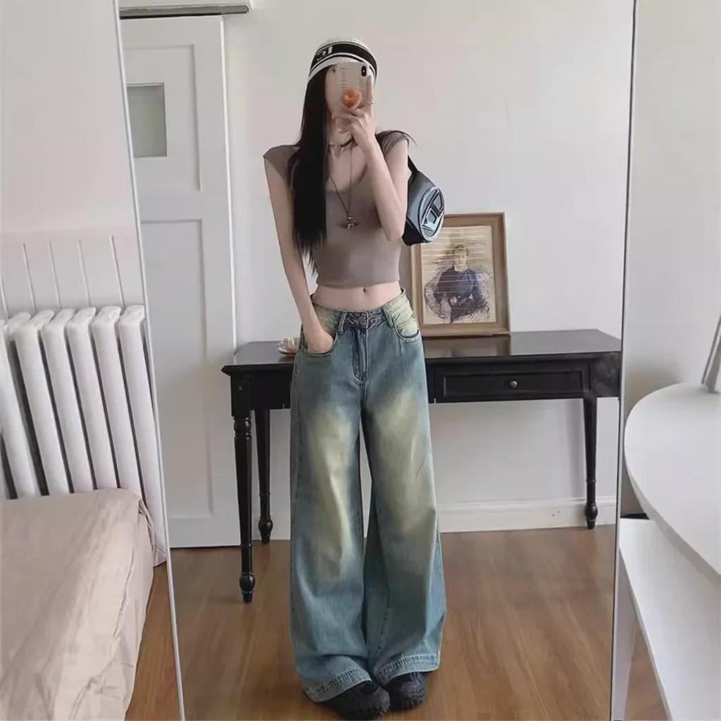 2024 Retro Blue High Waist Wide Leg Women's Washed Jeans