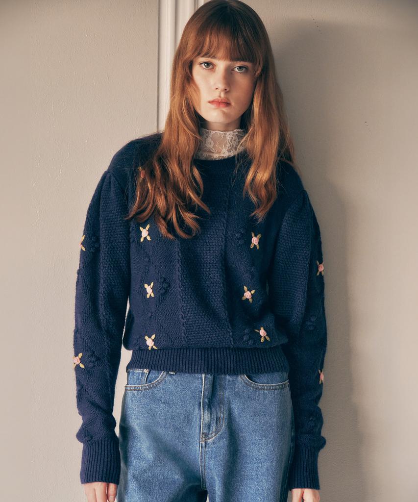 ROLAROLA Hand Flower Embroidery Knit Navy
