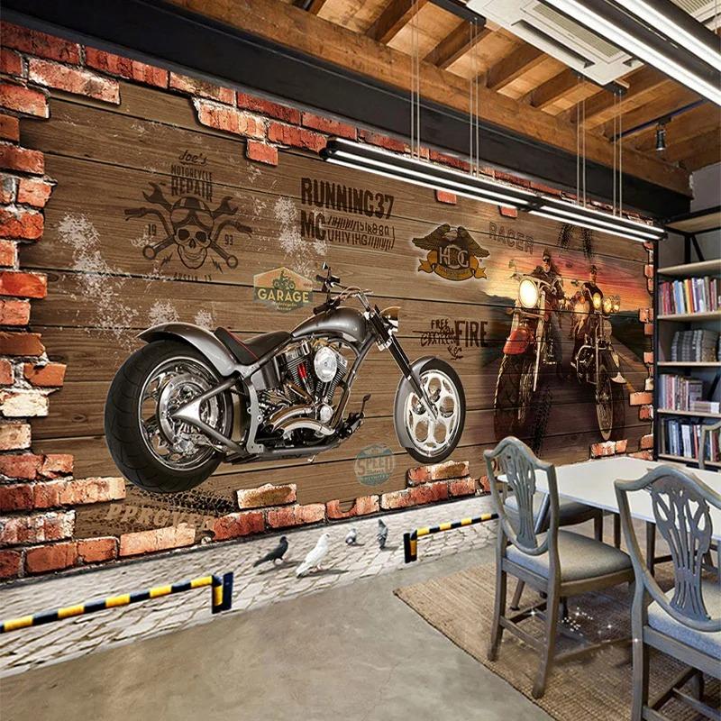 Retro Motocykl Cihlová Tapeta Restaurace Kavárna Kreativní 3D Nástěnná Dekorace Obývací Pokoj Ložnice Domácí Dekor