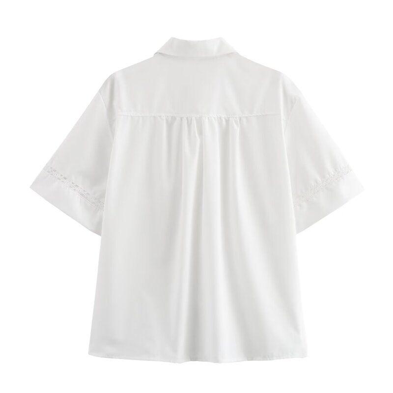 Fashion Style 2024 Summer New Arrival Women's Clothing Artsy Comfortable Modal Anti-Wrinkle Short Sleeve Shirt Ingot Collar Lace