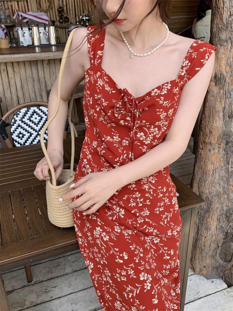 French Red Floral Spaghetti Strap Summer Dress - Women's 2024 Beach Vacation Long Dress