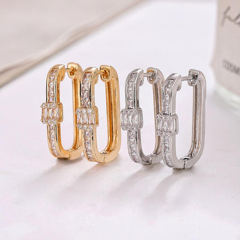 European & American Fashion U-Shaped Copper Gold/Silver Zirconia Earrings, 14K Ear Hoops