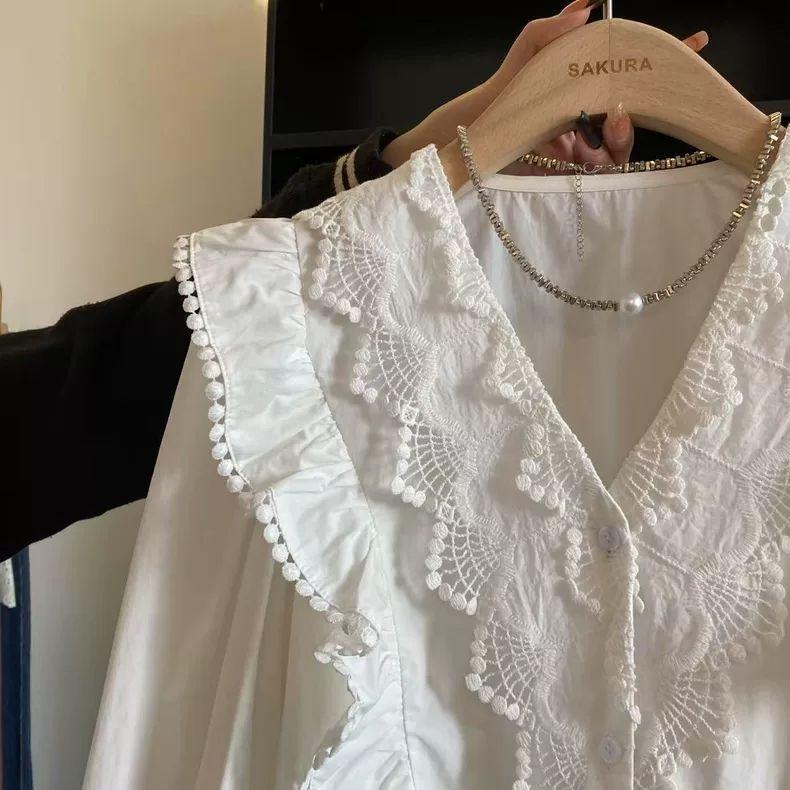 Spring Autumn Women's Casual Solid Colour Lace Patchwork Ruffled Long-Sleeved Top Fashionable Elegance