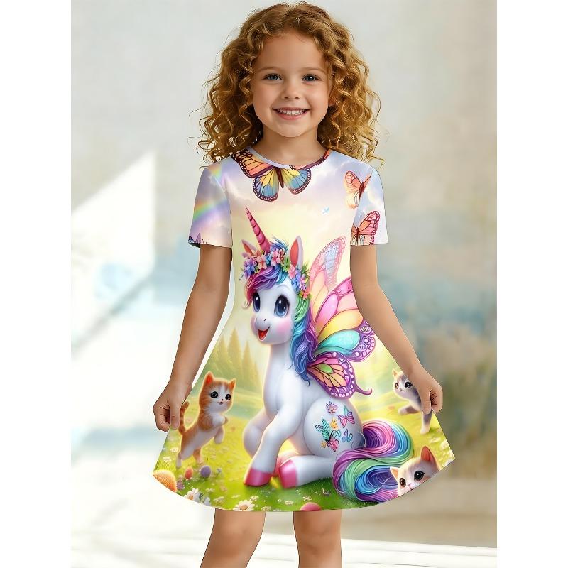 Girl Rainbow Unicorn and Kitten Printed T-shirt Dress, Butterfly Garden Children's Casual Dress Suitable for Birthday Gifts