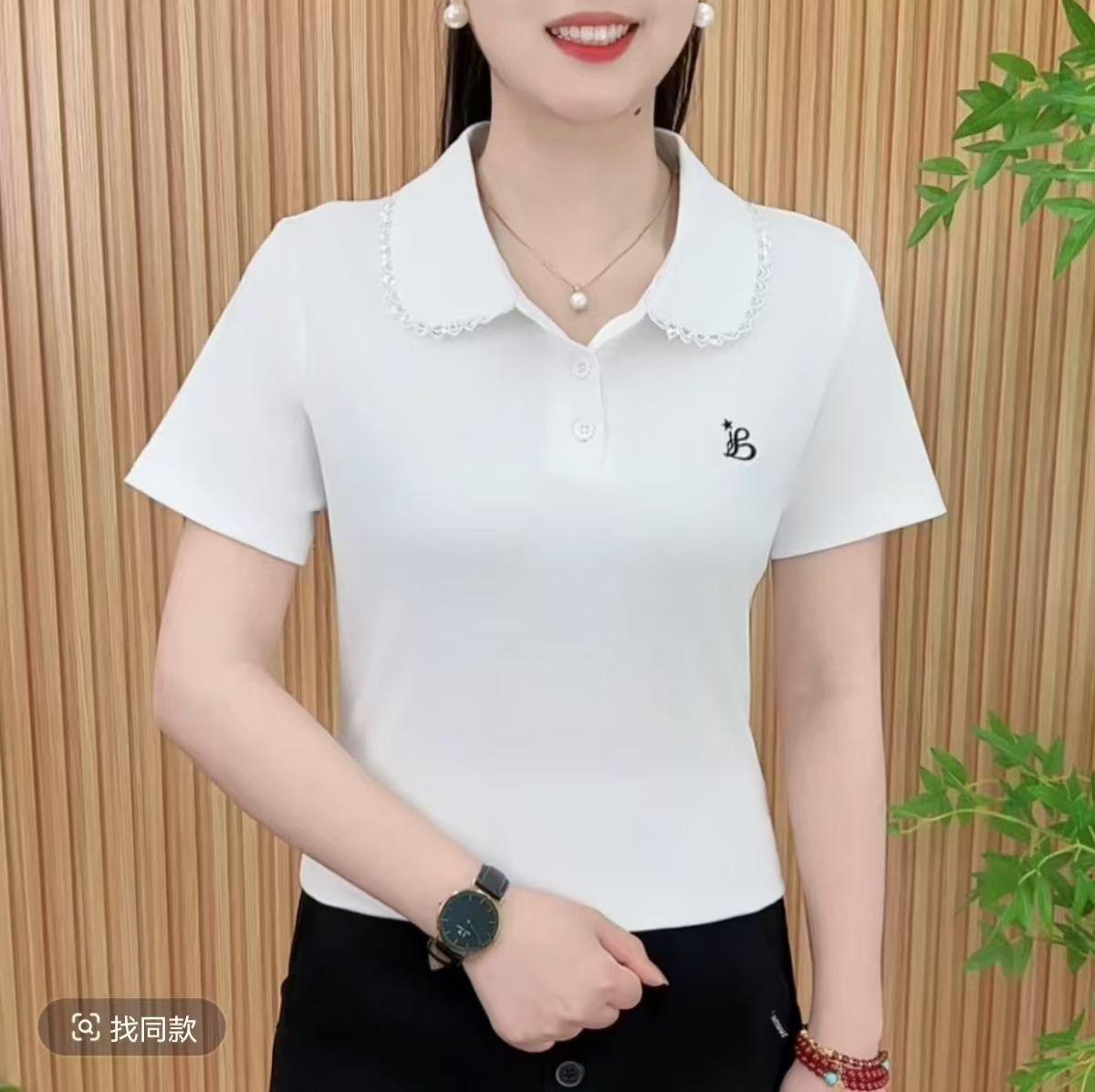 

2025 summer new fashion lace lapel short-sleeved top versatile meat cover women s temperament T-shirt age reduction 4XL білий