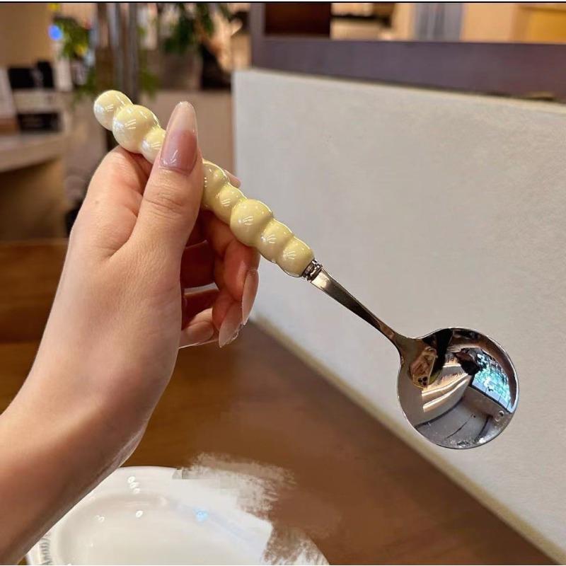 Pearl Stainless Steel Spoon with Imitation Ceramic Handle, Household Dining Spoon, High-temperature Resistant Round Spoon Spoon