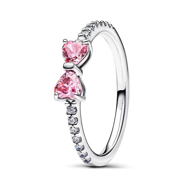 Elevated Red Heart Ring copper Band of Pink Hearts Black Zircon Bow New Ring Do It Yourself Women Fine Jewellery Christmas Gifts