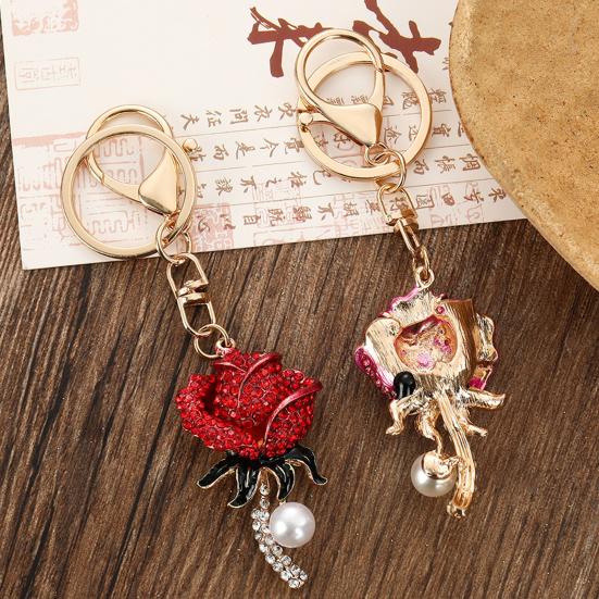 Keychain Pendant Sparkling Rhinestones Inlaid Imitation Pearl Rose Design Key Chain Lightweight Car Bag Decorative Accessory