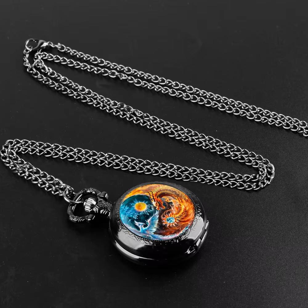 Vintage Retro Antique Dragon Phoenix Chinese Yin Yang Quartz Unisex Men Women Pocket Watch Quartz Necklace Pendant Clock Chain Classic Dial Gift