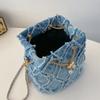 Women's Fashion Denim Crossbody Bag Diamond Quilted Shoulder Purse with Chain Strap & Drawstring Closure for Daily Use Commute