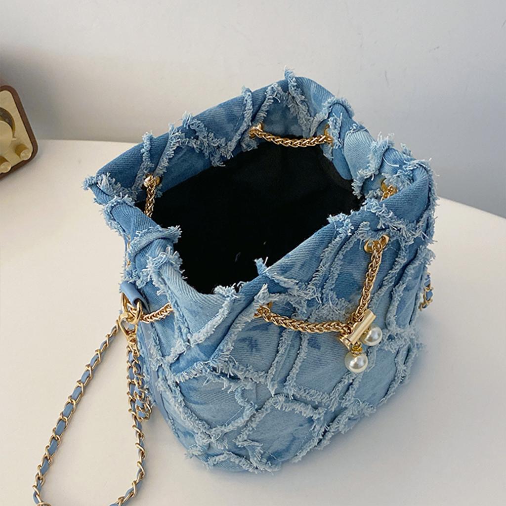 Women's Fashion Denim Crossbody Bag Diamond Quilted Shoulder Purse with Chain Strap & Drawstring Closure for Daily Use Commute
