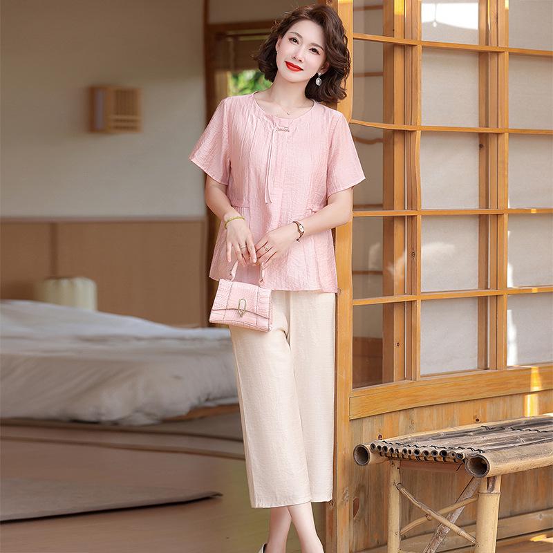 

Elegant Summer Cotton Linen Short Sleeve T-shirt & Two-Piece Set for Middle-aged and Elderly Women - New 2026 Style L (80-100 Jin) розовый