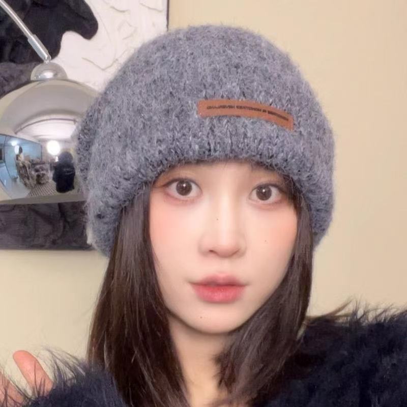 Wool Knitted Hat Small Leather Label Letter Wool Hat Women's Autumn and Winter Big Head Circumference Hat Cold Hat Tide Internet Celebrity Fashion