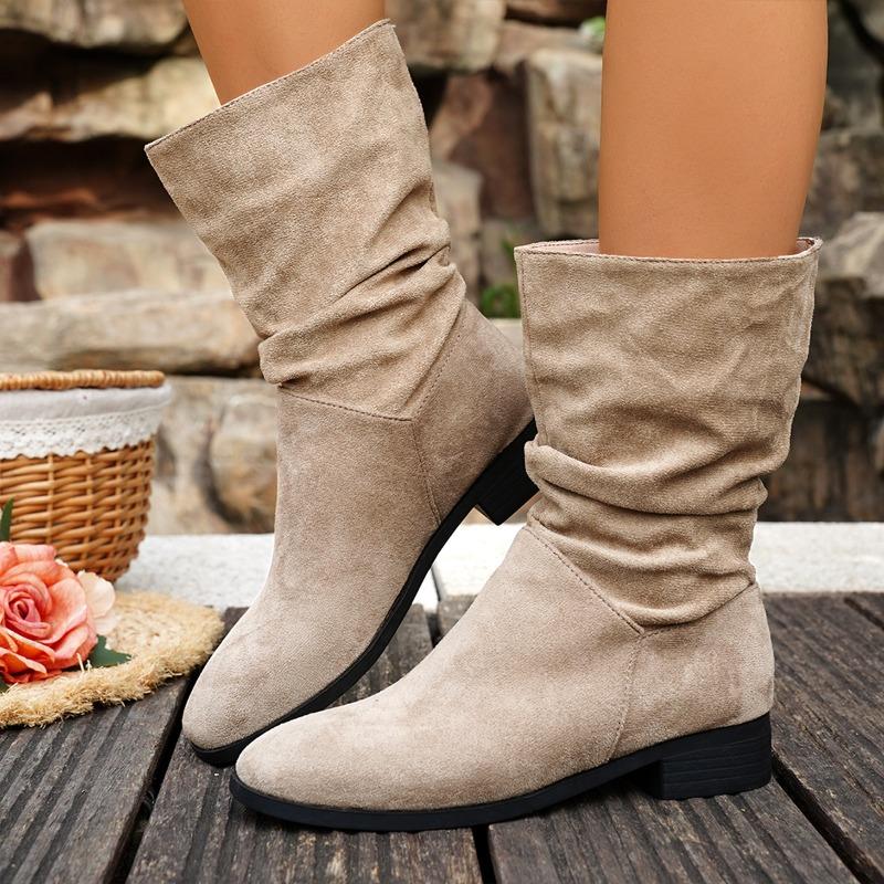 Plus Size Stack Boots Fashion Round Toe Suede Sleeve Soft Sole Anti-Slip Wear-Resistant Block Heel Booties