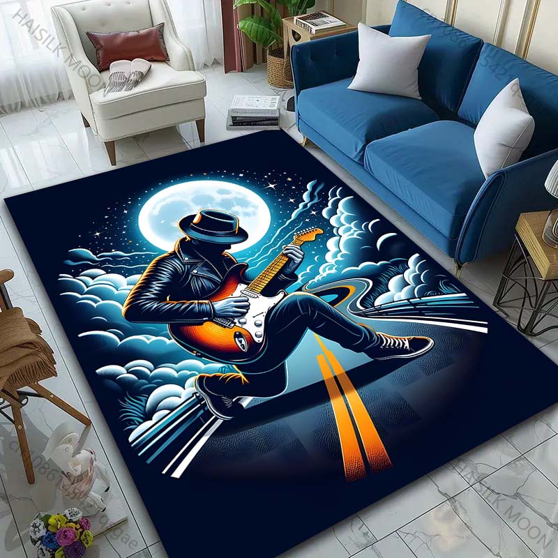 Mehrere Größen Gitarrist unter Vollmond Teppich für Wohnzimmer Schlafzimmer Sofa Heimdekoration Rus Rutschfeste Bodenmatte Luxusgeschenk