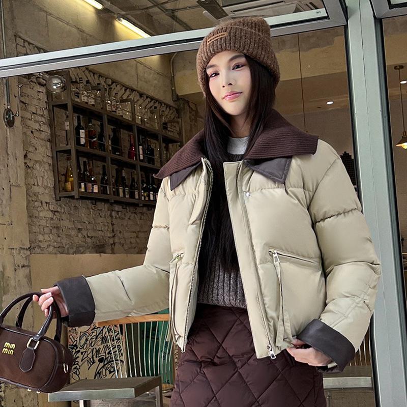 Knitted Lapel Short Down Cotton-padded Jacket for Women's Winter Thickened Leather Splicing Cotton-padded Jacket