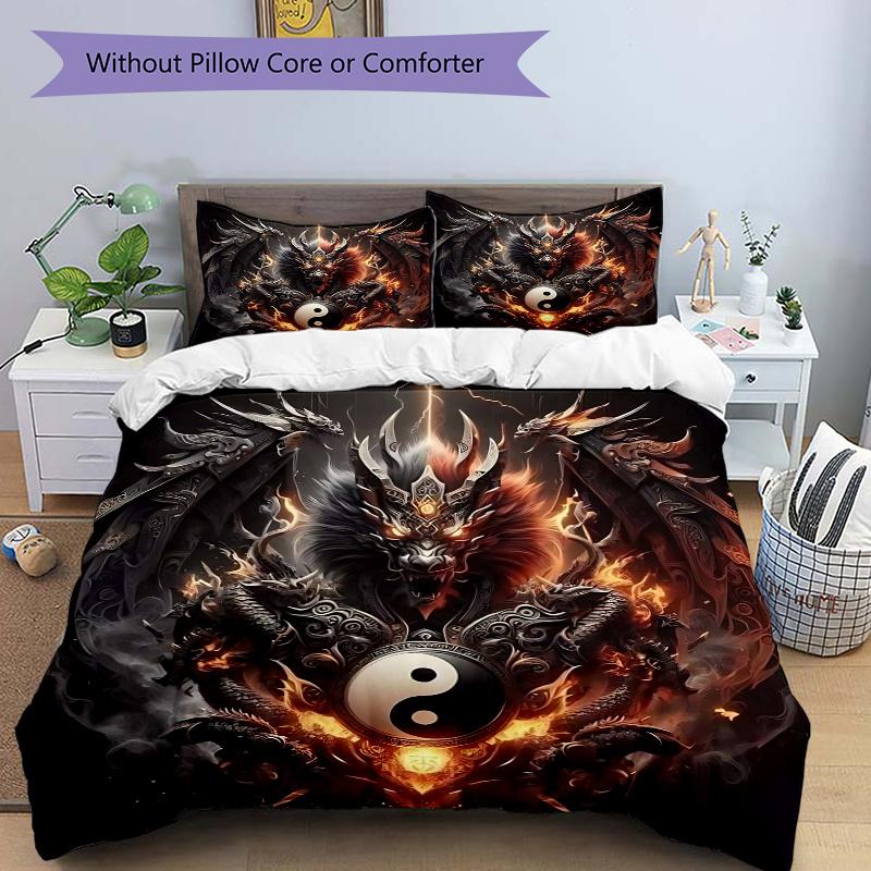 3pcs Yin Yang Dragon Printed Bedding Set, Soft and Comfortable Quilt Cover for Bedroom, Guest Room