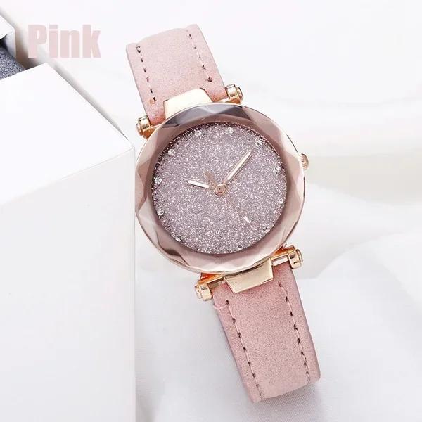 Womens Fashion Leather Strap Watch Frosted Dial Diamond Starry Design Golden Edge Quartz Watch Multicolor